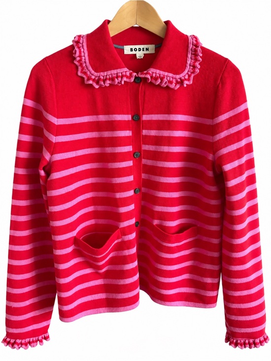 Boden Sweaters - Boden Red & Pink Striped Ruffle Collar Cardigan Sweater Size S NWOT Wool Cotton
